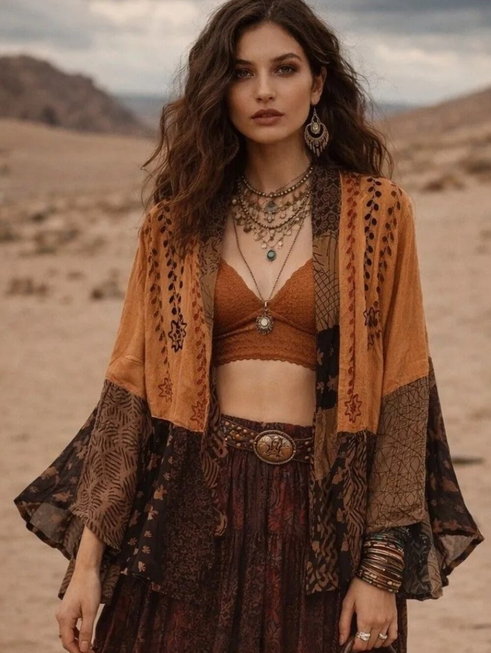 Young Threads Boho Rust Embroidered Kimono